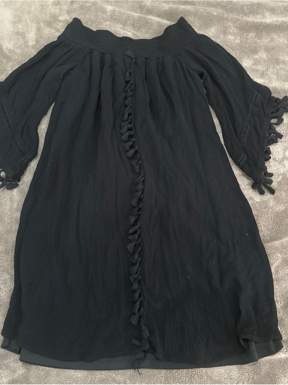 love, Fire Black Off-Shoulder Tassel-Front Mini Dress